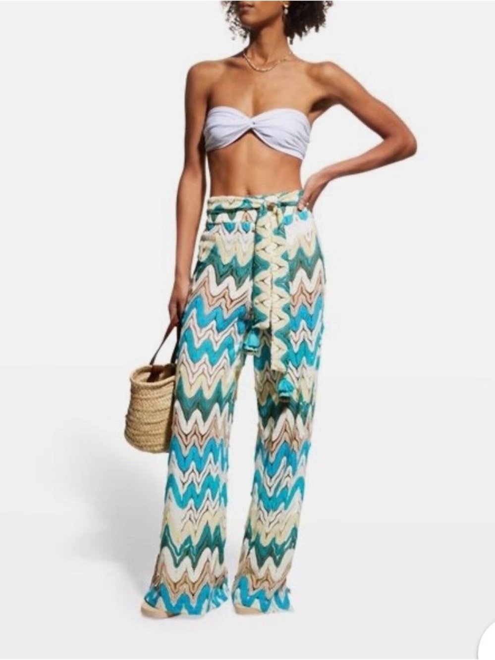 Trina Turk Teal, Aqua & Cream Chevron Wide-Leg Pants